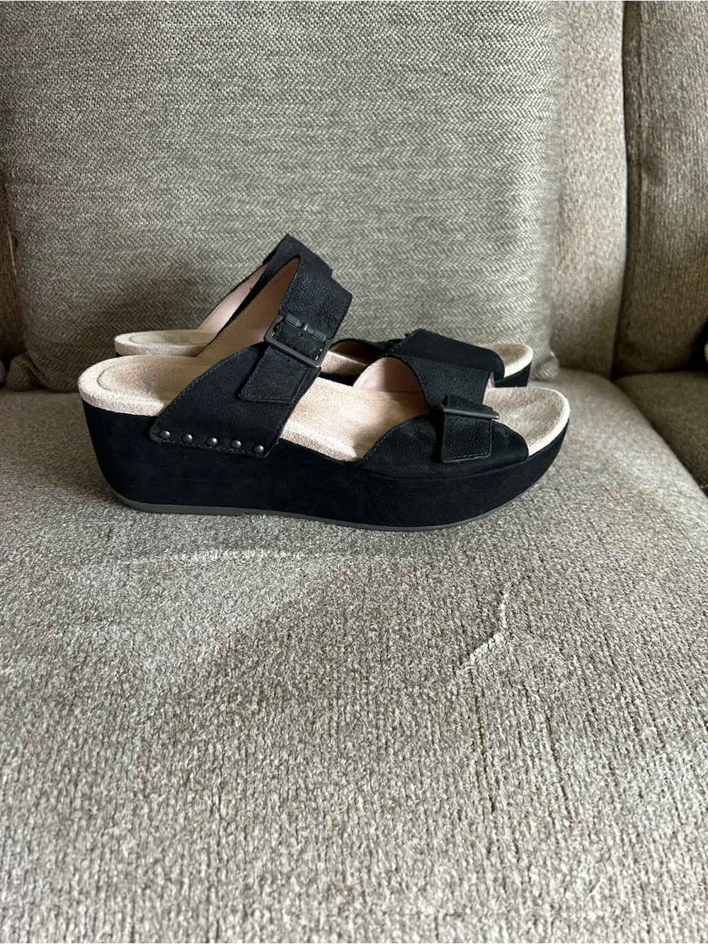 DANSKO Women's Selma Black Suede Leather  Platform Wedge Sandals Size 38 (US 9)